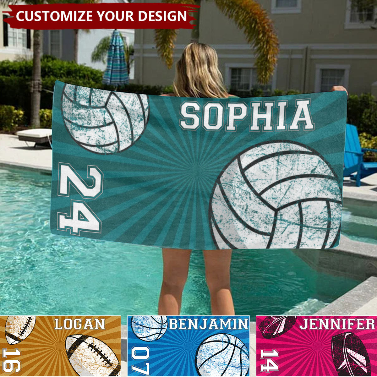 Personalized Sports Beach Towel - Custom Name & Number