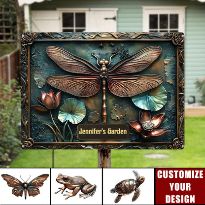 Personalized Metal Garden Sign with Choice of Dragonfly, Butterfly, Frog or Turtle - Custom Lily Pond Outdoor Decor