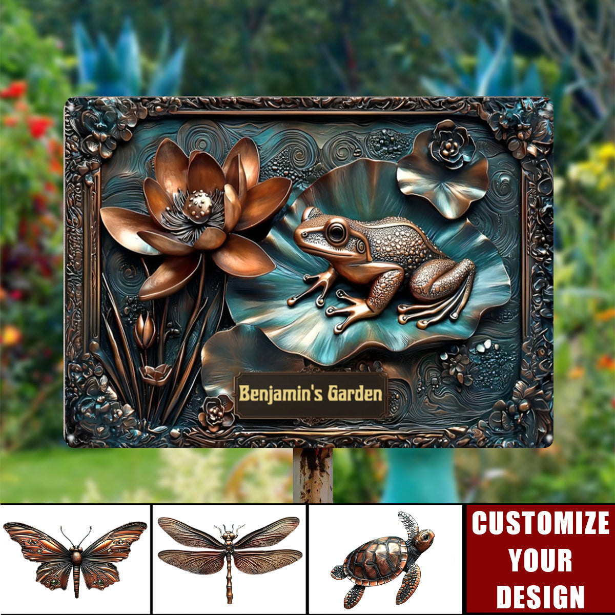 Personalized Metal Garden Sign with Choice of Dragonfly, Butterfly, Frog or Turtle - Custom Lily Pond Outdoor Decor