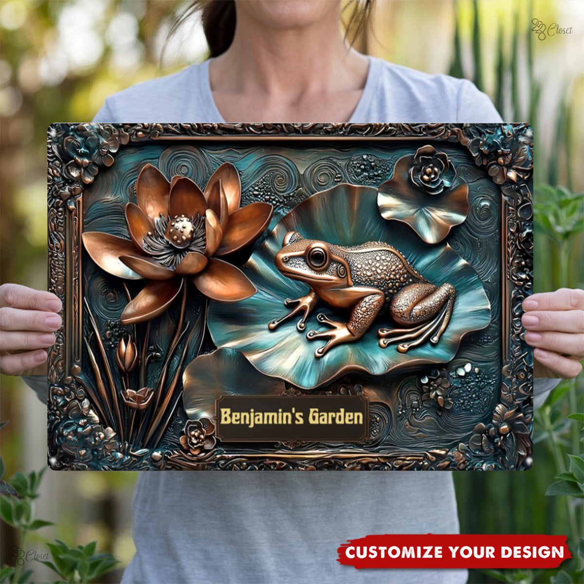 Personalized Metal Garden Sign with Choice of Dragonfly, Butterfly, Frog or Turtle - Custom Lily Pond Outdoor Decor