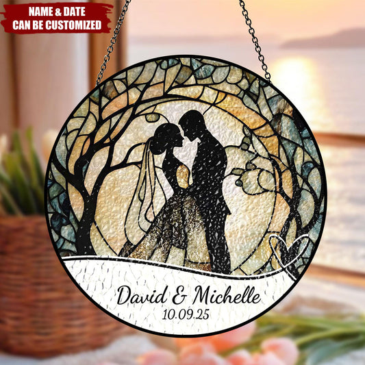 Personalized Bride And Groom Wedding Stained Glass Suncatcher - Custom Wedding Gift for Couple