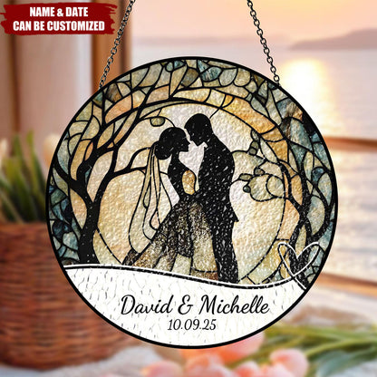 Personalized Bride And Groom Wedding Stained Glass Suncatcher - Custom Wedding Gift for Couple