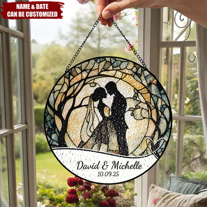 Personalized Bride And Groom Wedding Stained Glass Suncatcher - Custom Wedding Gift for Couple