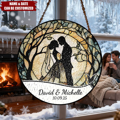 Personalized Bride And Groom Wedding Stained Glass Suncatcher - Custom Wedding Gift for Couple