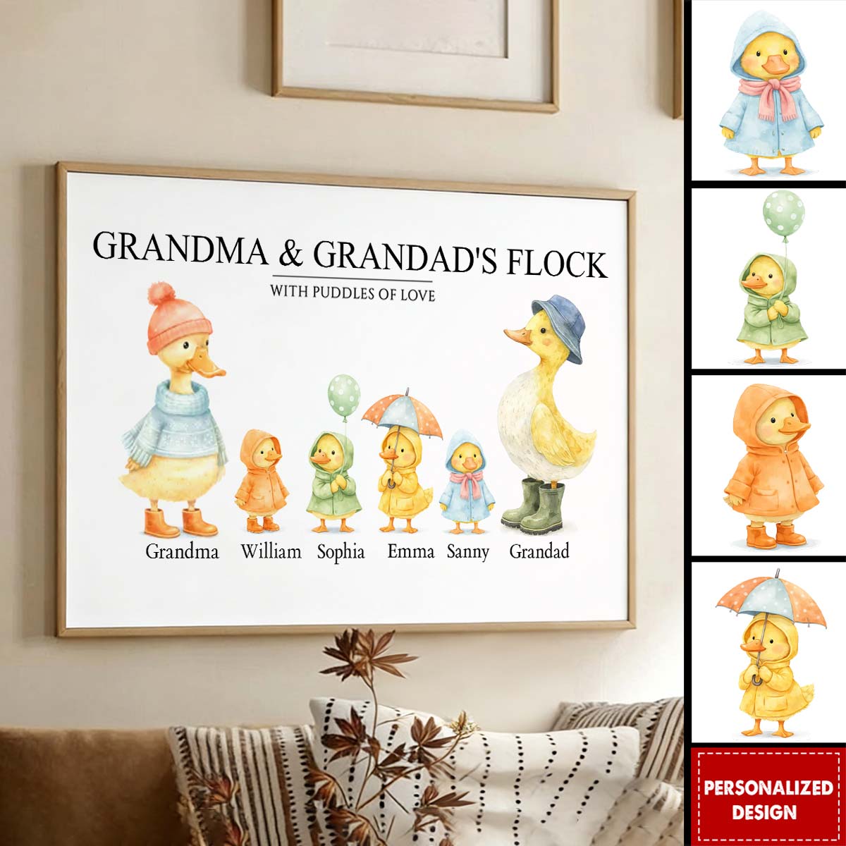 Grandma's Flock with Puddles of Love - Personalized Canvas / Poster