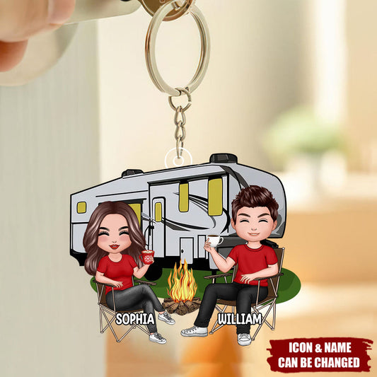 Personalized Couple Camping Acrylic Keychain - Custom Doll Design Gift