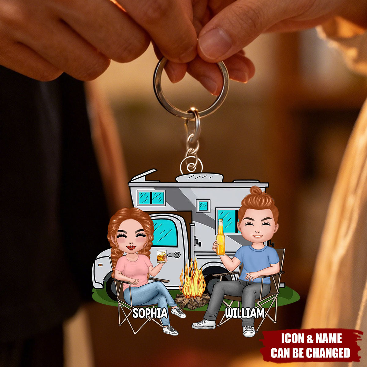 Personalized Couple Camping Acrylic Keychain - Custom Doll Design Gift