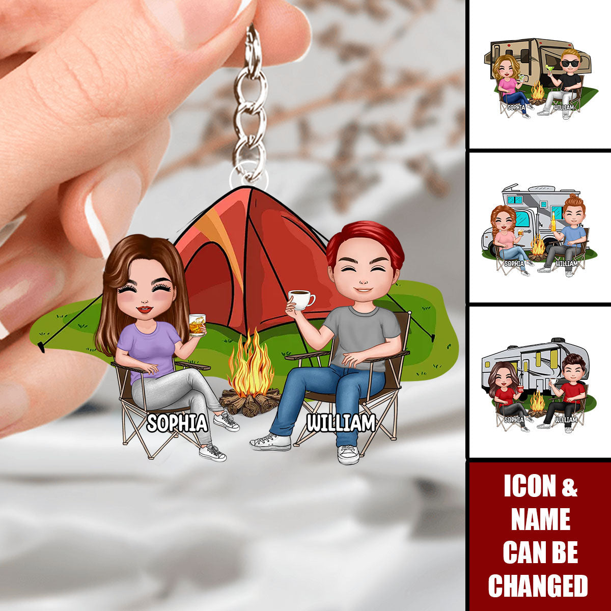 Personalized Couple Camping Acrylic Keychain - Custom Doll Design Gift