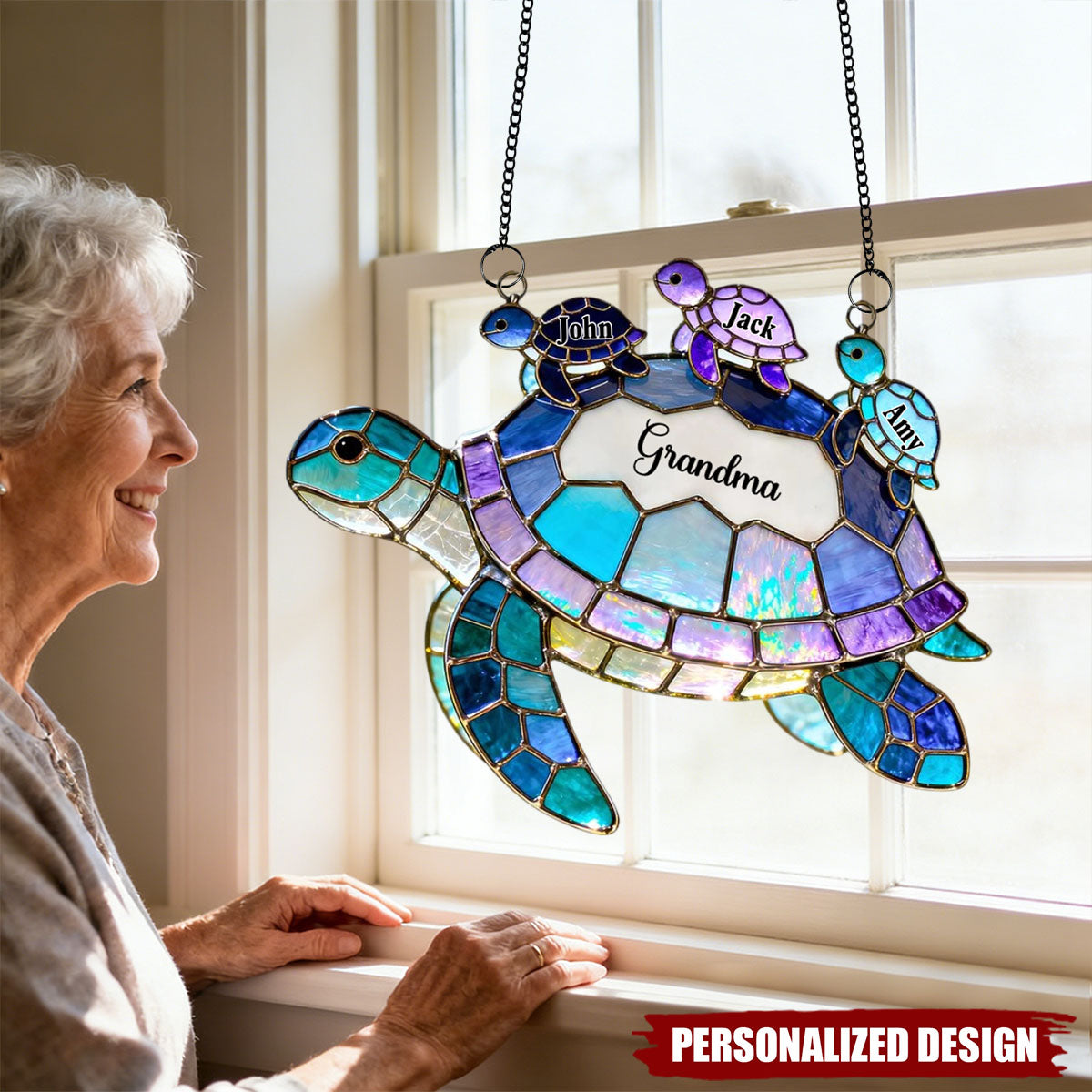 Personalized Turtle Suncatcher Ornament - Custom Window Hanging Decor - Gift for Mom Grandma from Grandkids
