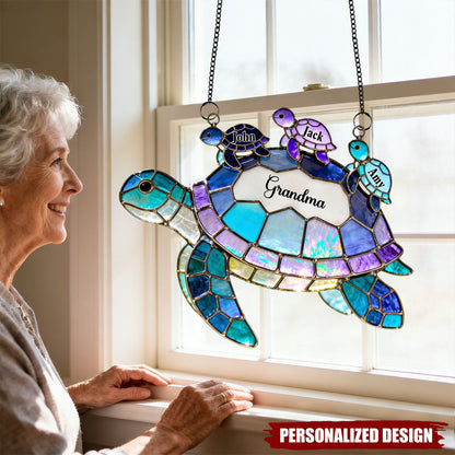 Personalized Turtle Suncatcher Ornament - Custom Window Hanging Decor - Gift for Mom Grandma from Grandkids