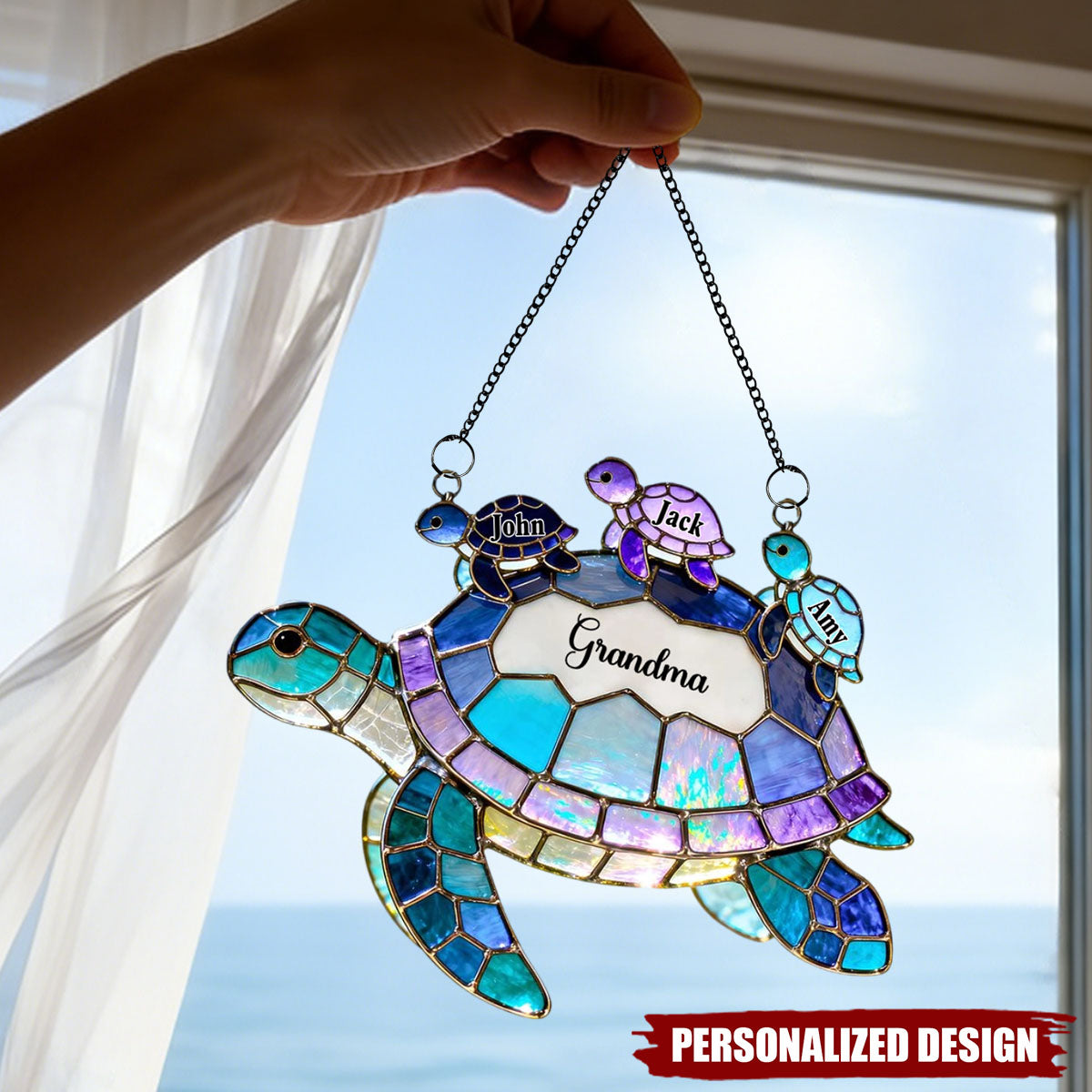 Personalized Turtle Suncatcher Ornament - Custom Window Hanging Decor - Gift for Mom Grandma from Grandkids