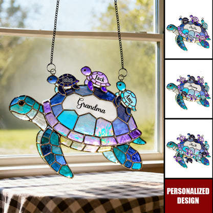 Personalized Turtle Suncatcher Ornament - Custom Window Hanging Decor - Gift for Mom Grandma from Grandkids