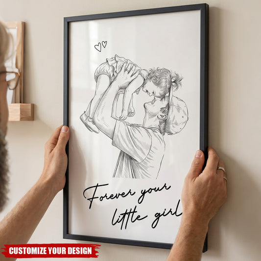 Custom Father's Day canvas print featuring a sketch of a father holding his daughter with family quote text.