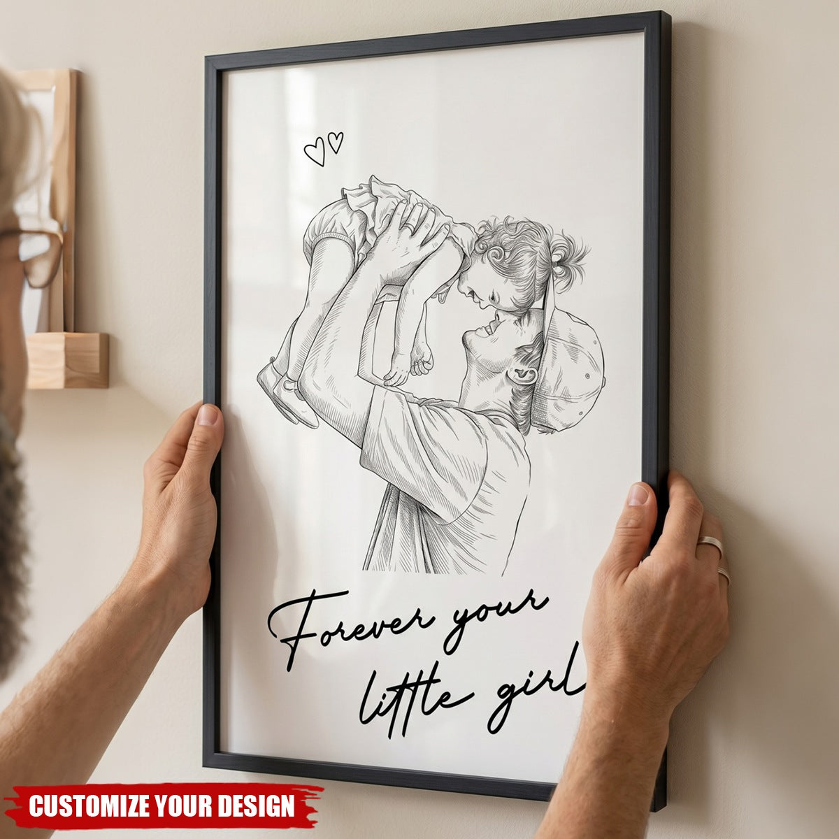 Custom Father's Day canvas print featuring a sketch of a father holding his daughter with family quote text.