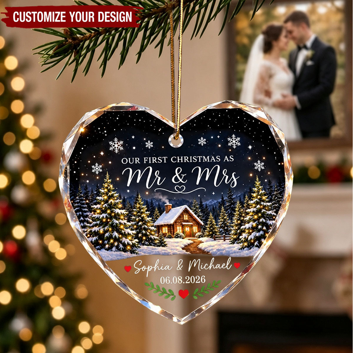 "Our First Christmas As Mr & Mrs" Personalized Glass Ornament - Custom Newlywed Winter Cabin Keepsake Gift for Couples