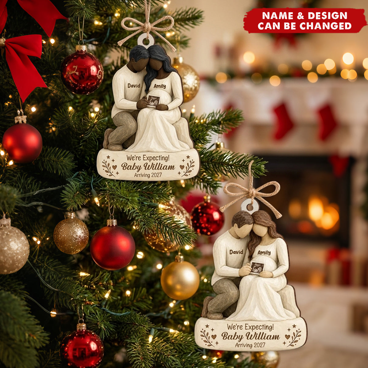 Personalized We’re Expecting Baby Arriving Wooden Ornament Custom Name - Gift for Expectant Parents