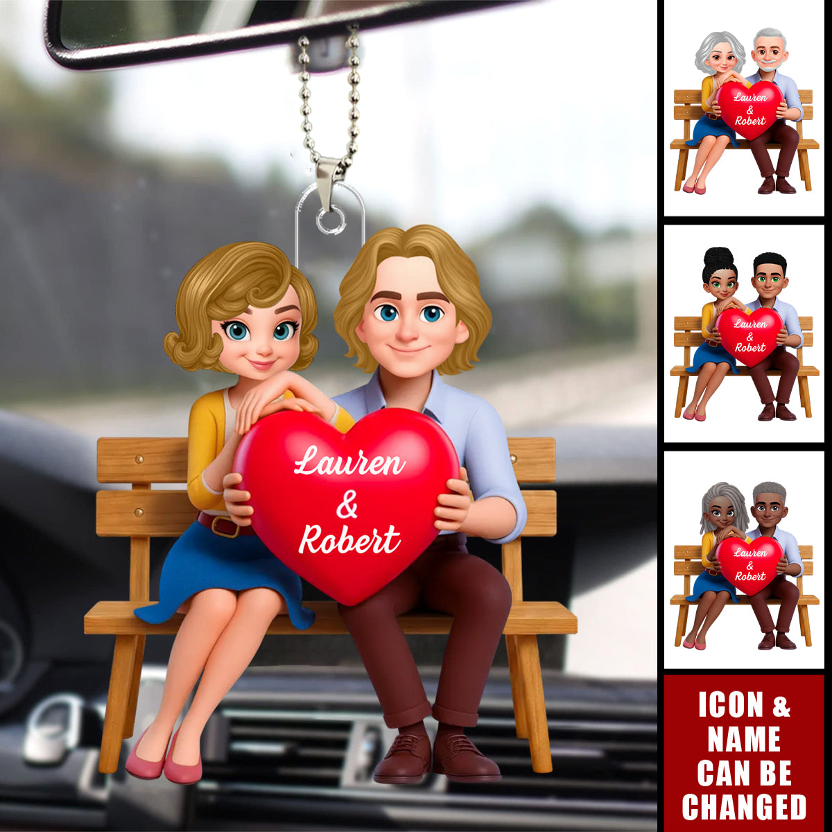 Personalized Couple With Red Heart Acrylic Car Ornament - Custom Romantic Gift For Soulmates