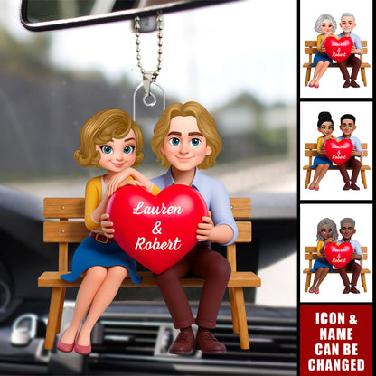 Personalized Couple With Red Heart Acrylic Car Ornament - Custom Romantic Gift For Soulmates