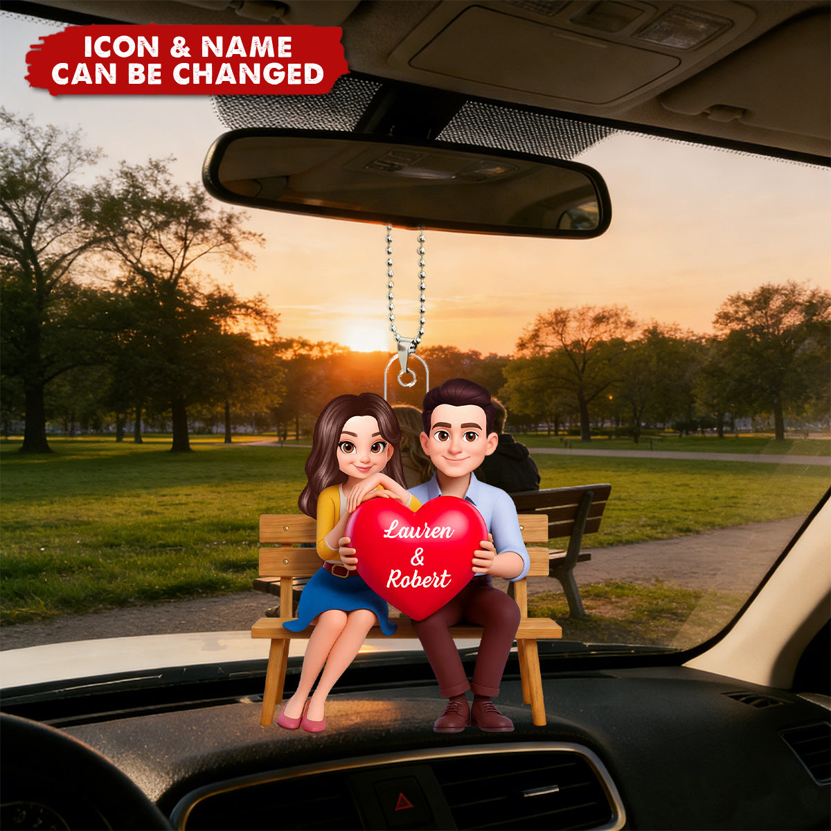Personalized Couple With Red Heart Acrylic Car Ornament - Custom Romantic Gift For Soulmates