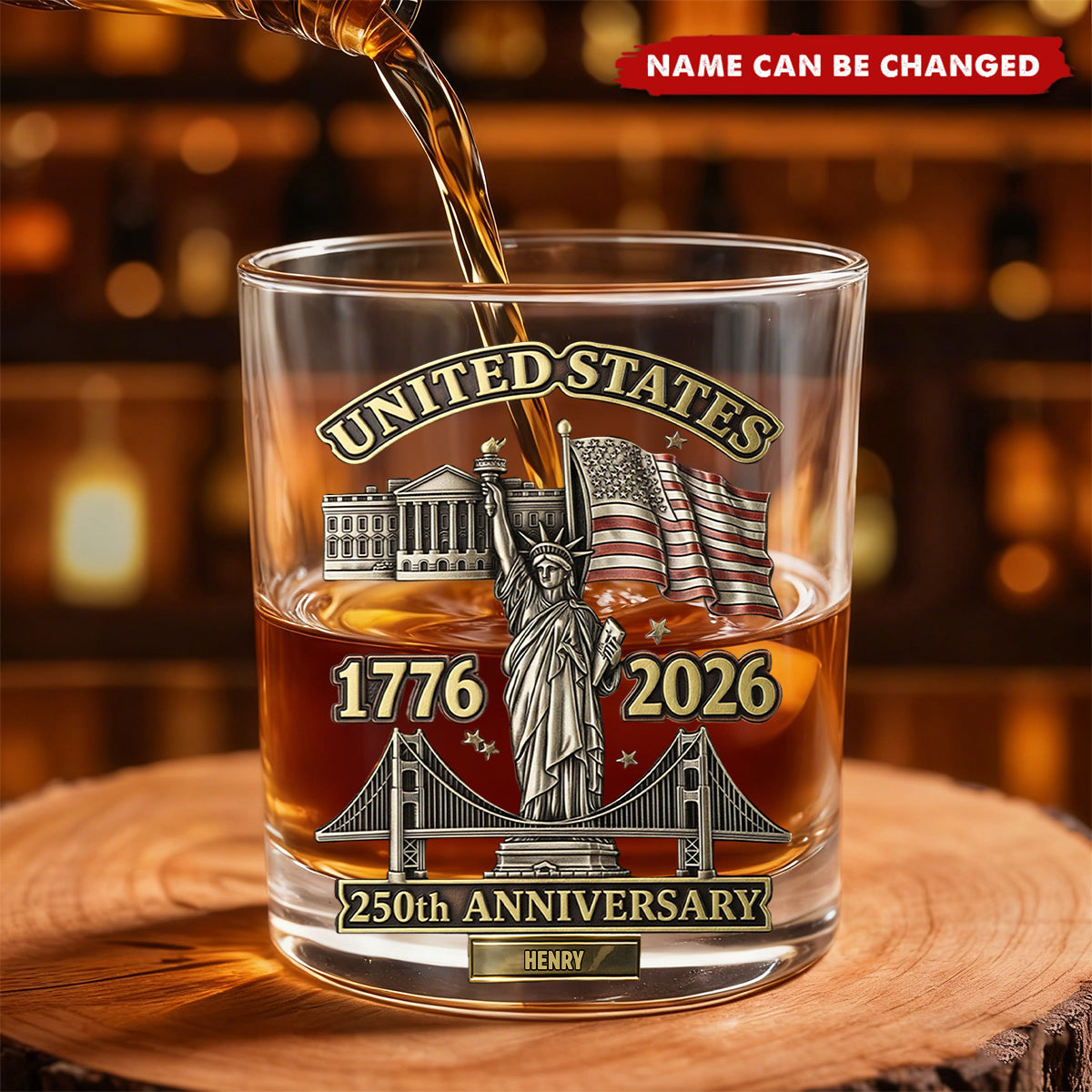 USA 250th Anniversary - Personalized Custom Name Whiskey Glass