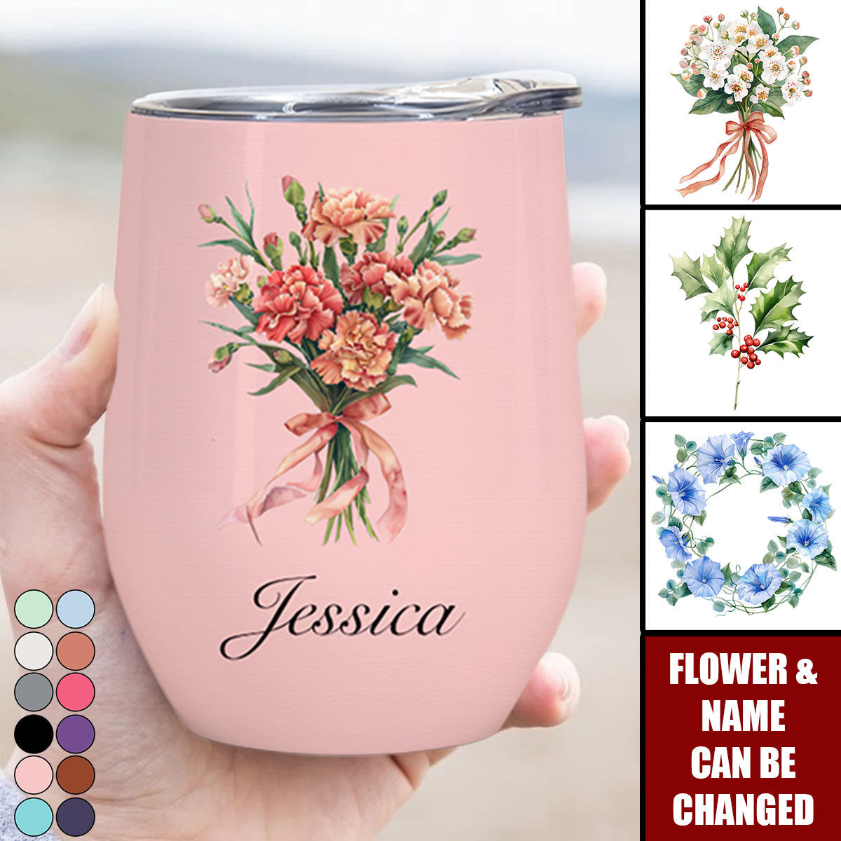 Personalized Birth Flower Wine Tumbler - Custom Name Gift for Her, Wife, Daughter