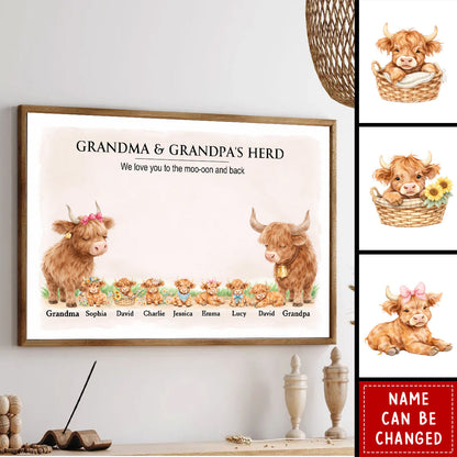 Personalized Highland Cow Family Poster / Canvas - Custom “Grandma and Grandpa’s Herd” Wall Art