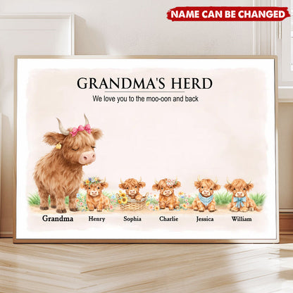 Personalized Highland Cow Family Poster / Canvas - Custom “Grandma and Grandpa’s Herd” Wall Art