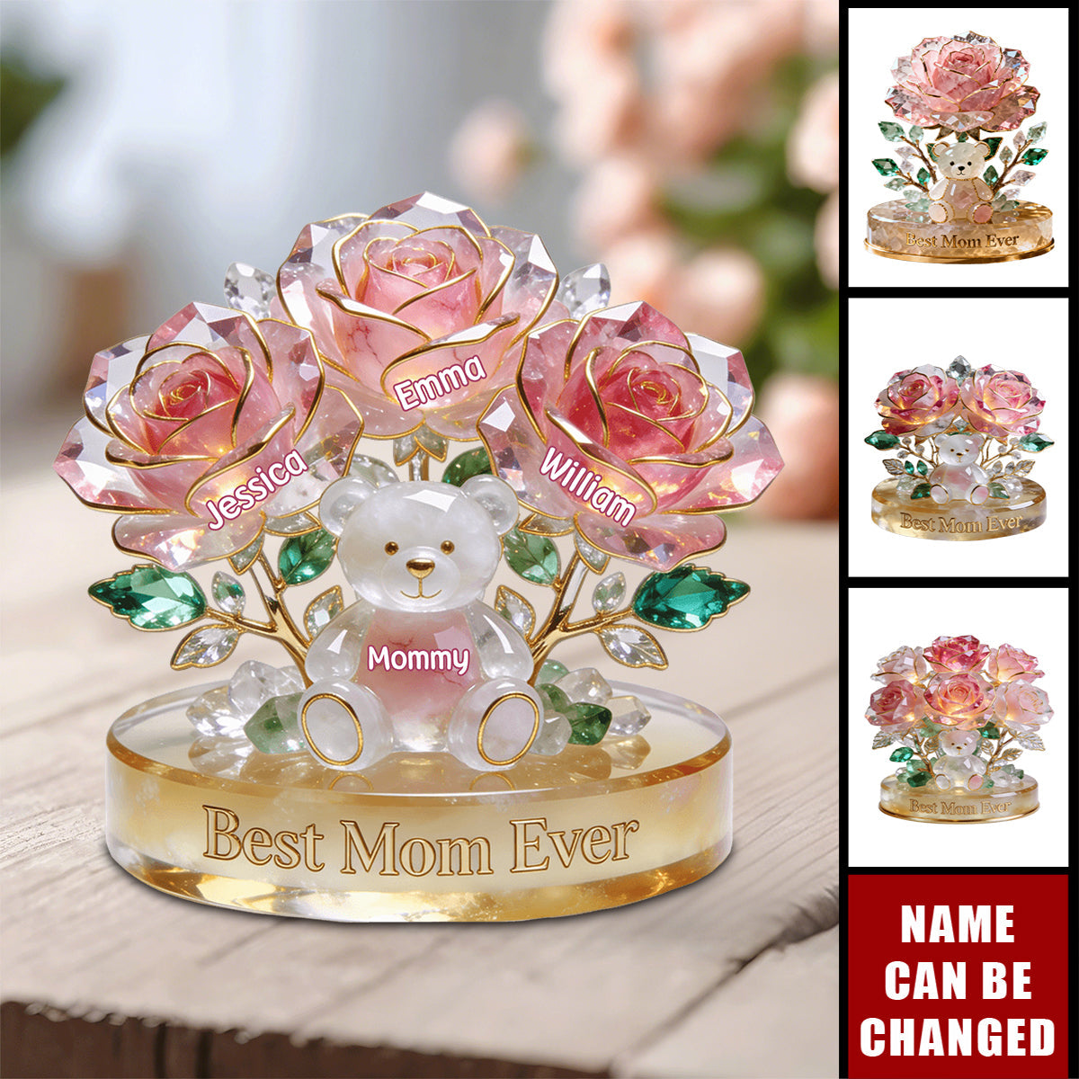 “Flower Bear” Personalized Shaped Acrylic Plaque - Custom Gift for Mom