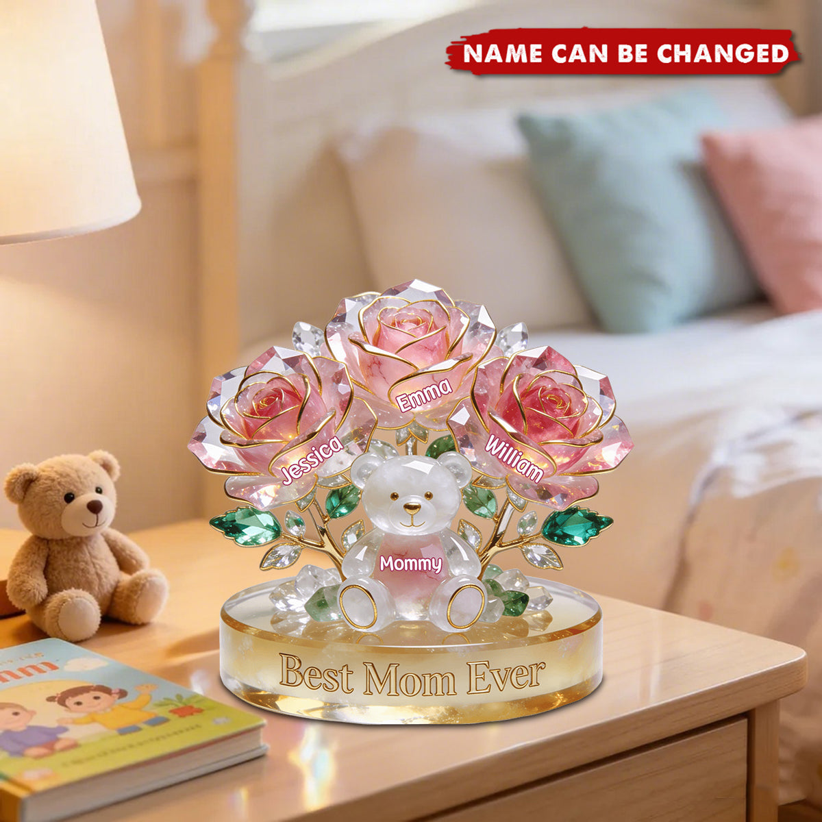 “Flower Bear” Personalized Shaped Acrylic Plaque - Custom Gift for Mom