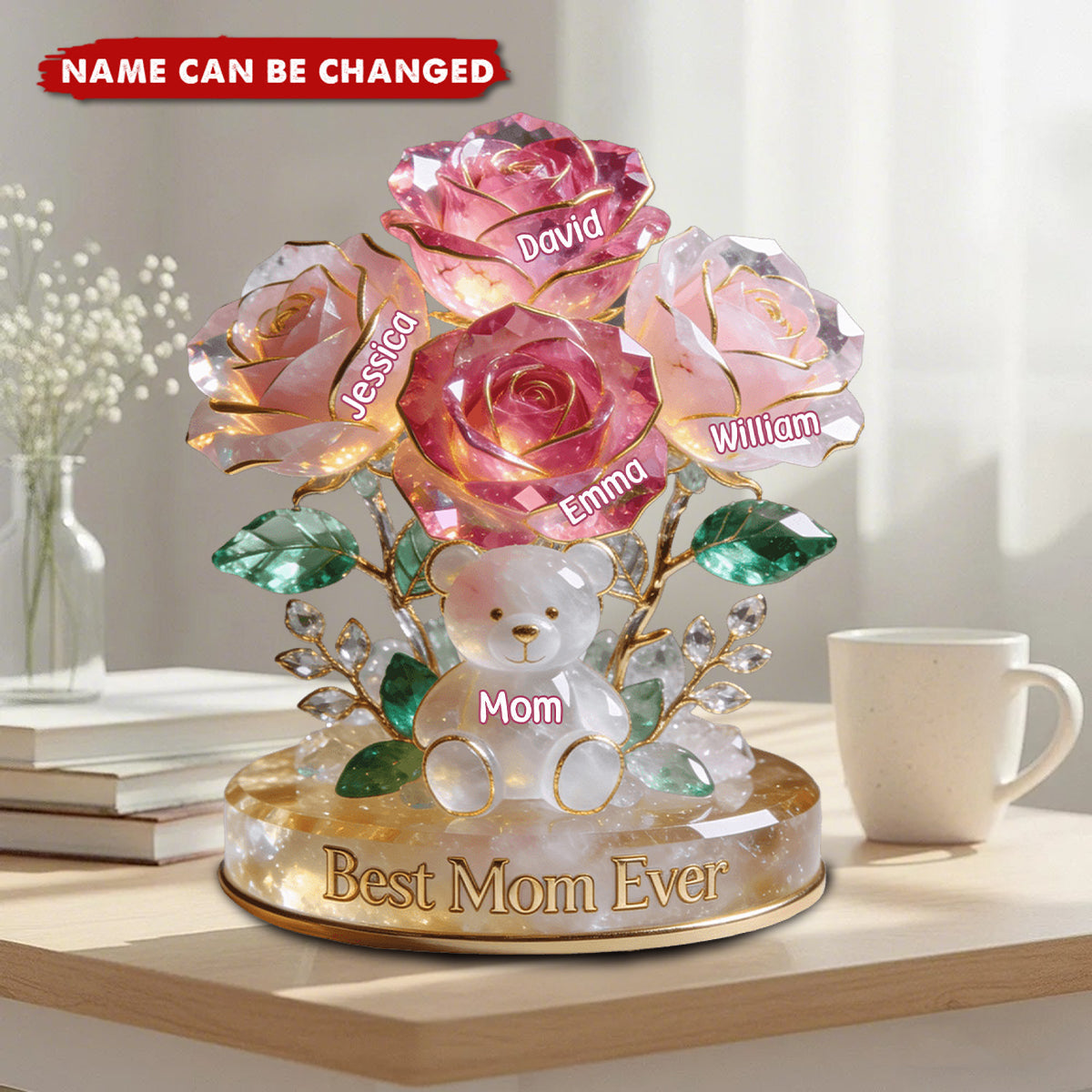 “Flower Bear” Personalized Shaped Acrylic Plaque - Custom Gift for Mom