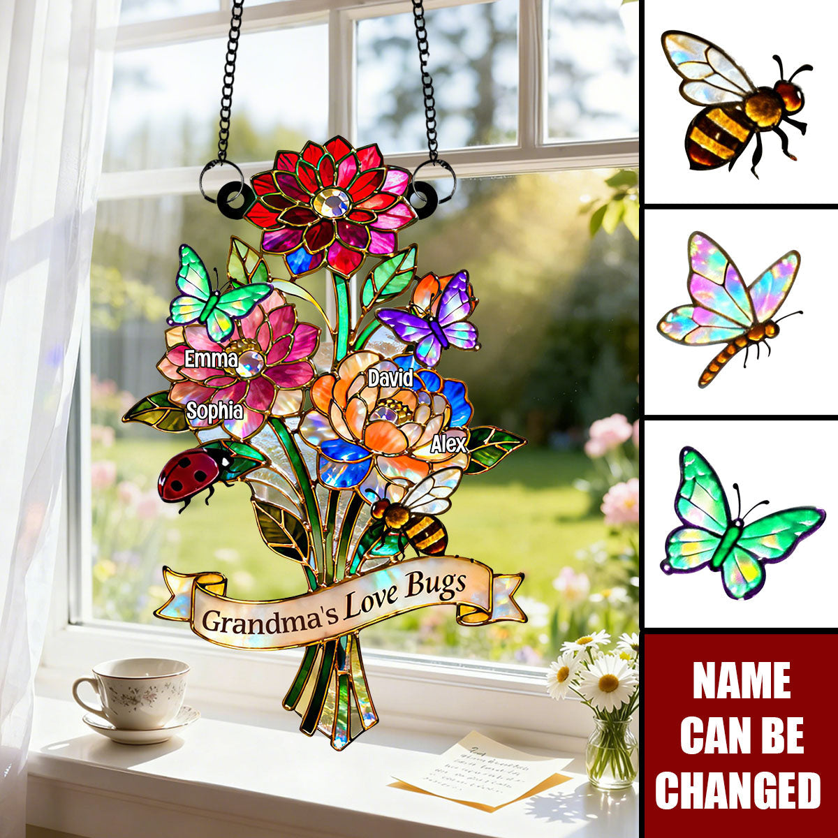 Personalized Window Hanging Suncatcher Ornament: Grandma’s Love Bugs