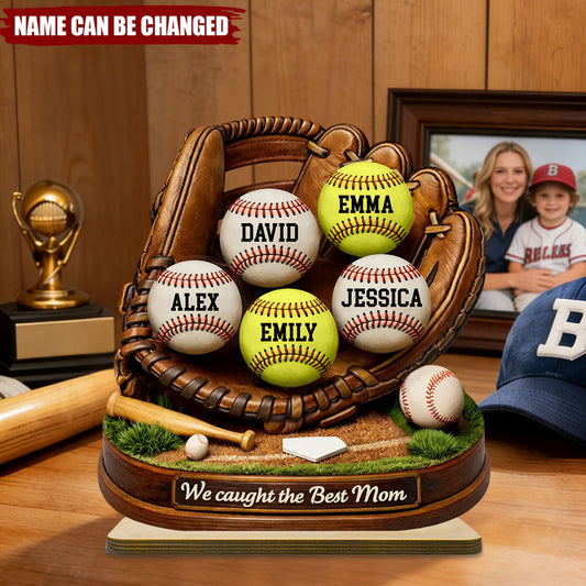 “We Caught the Best Mom” Baseball Softball Plaque - Personalized 2-Layered Wooden Gift