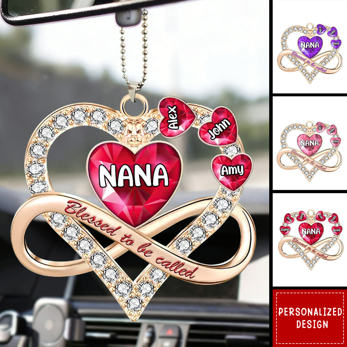 Blessed To Be Called Grandma - Personalized Hearts Acrylic Car Ornament