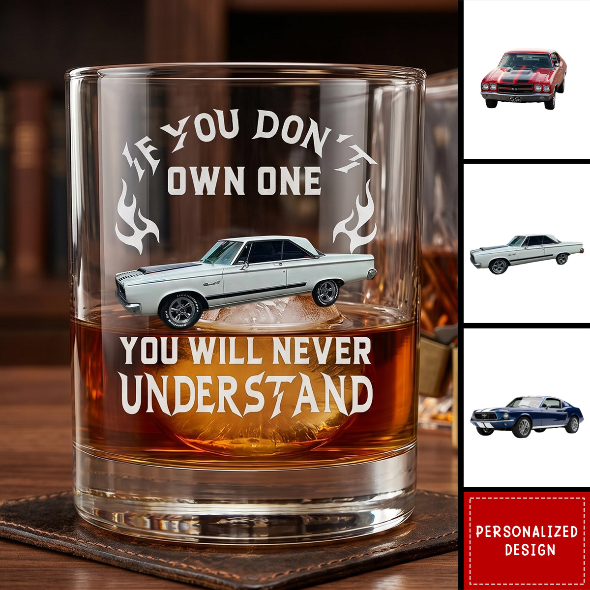 Personalized classic car whiskey glass featuring custom muscle car graphic and a bold quote for car lovers