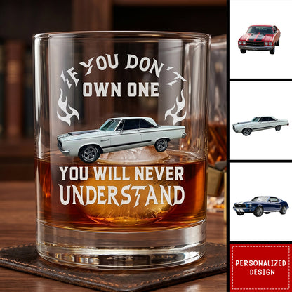 Personalized classic car whiskey glass featuring custom muscle car graphic and a bold quote for car lovers