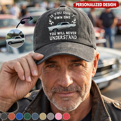 Custom classic car hat with personalized vehicle photo print - unique vintage baseball cap gift for car lovers