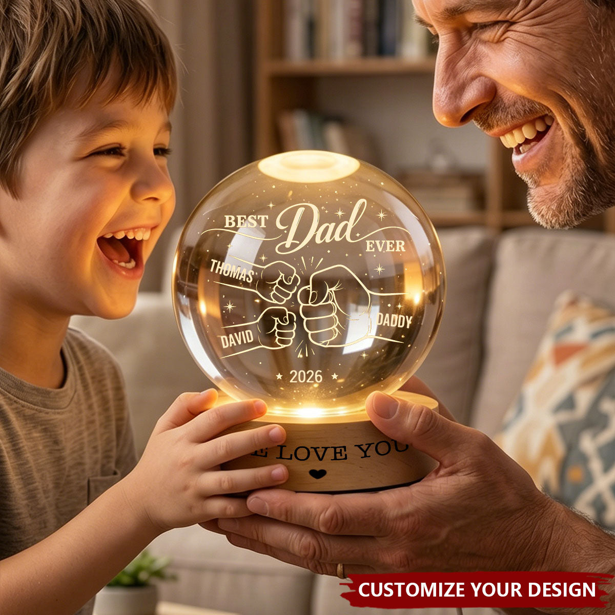 Personalized Dad Crystal Ball Night Light personalization view for Dad
