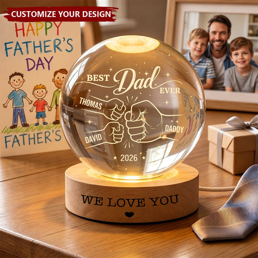 Personalized dad crystal ball night light featuring custom engraved kids fist bumps and names for Father's Day