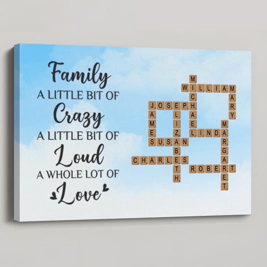 Personalized Family Crossword Canvas: 'Crazy, Loud, Love' Custom Art