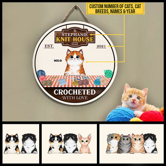 Custom 'Crocheted With Love' Cat Wood Sign - Personalized Knit House Decor Gift