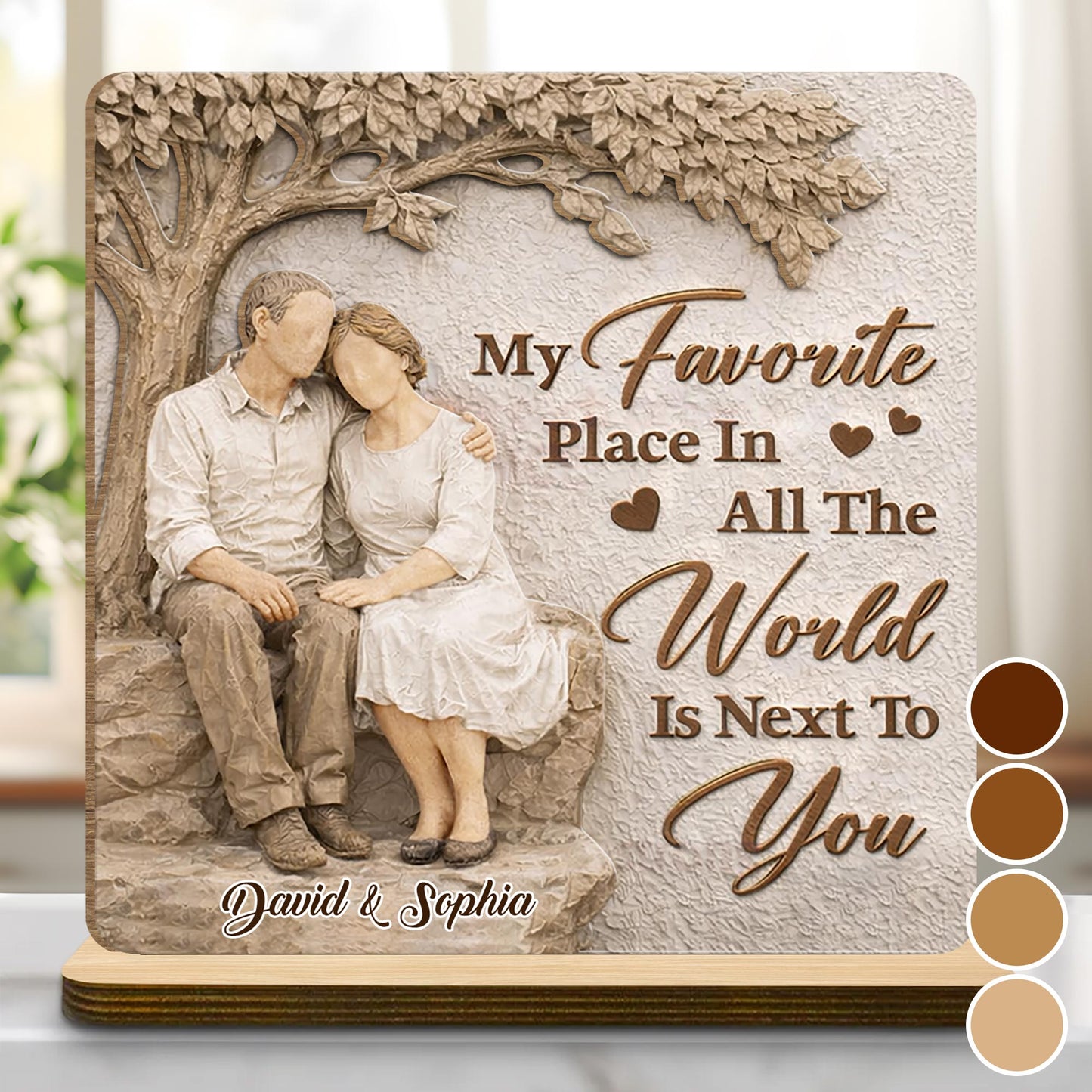 Personalized couple wood plaque featuring a romantic design under a tree with custom names - unique anniversary gift