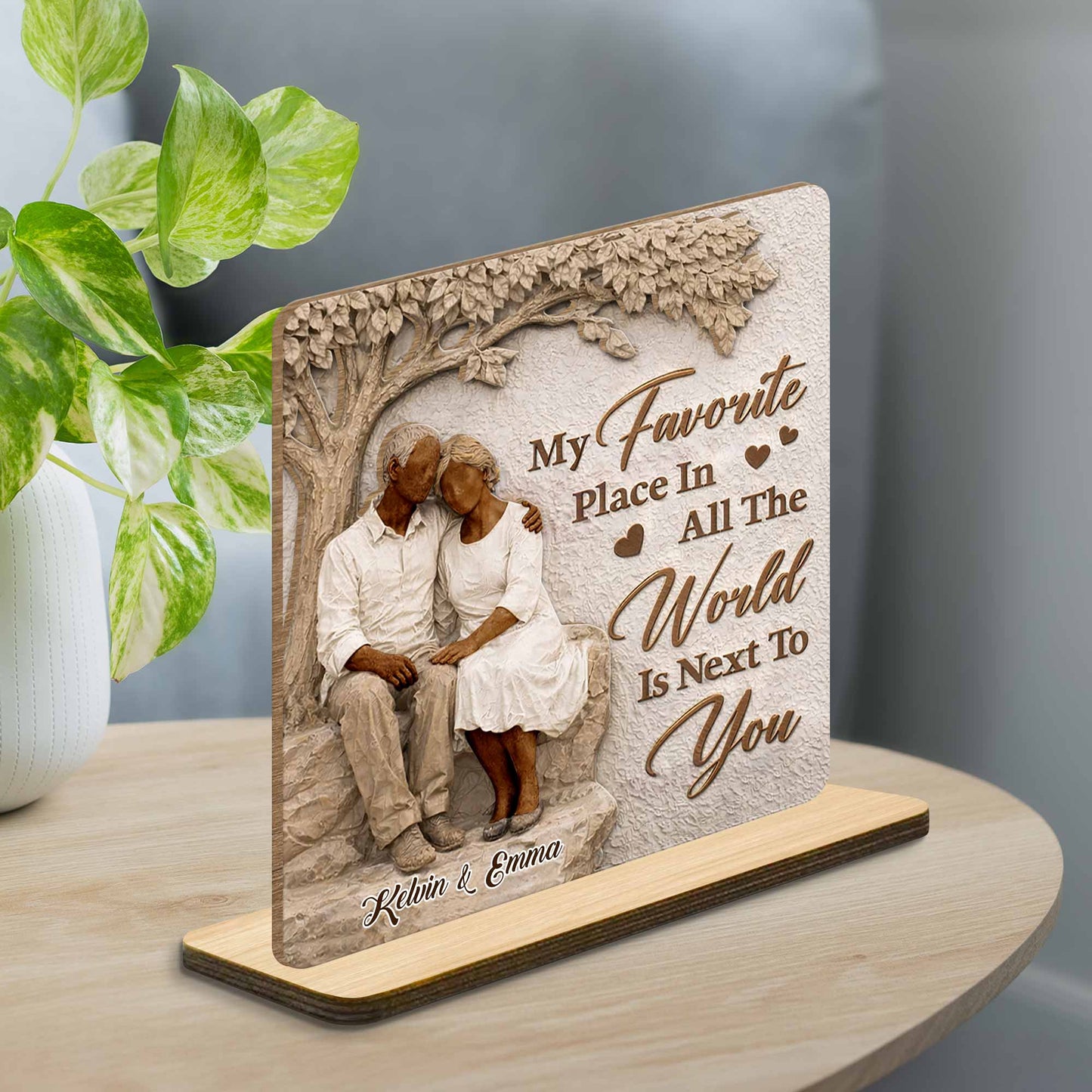 Personalized couple wood plaque featuring a romantic design under a tree with custom names - unique anniversary gift image 6