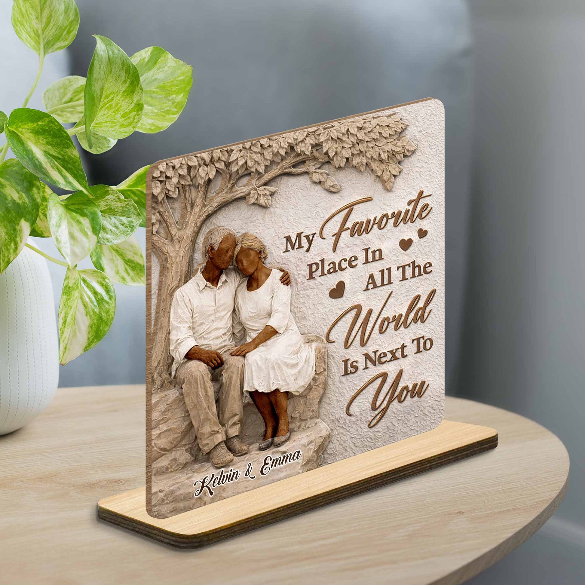 Personalized couple wood plaque featuring a romantic design under a tree with custom names - unique anniversary gift image 6