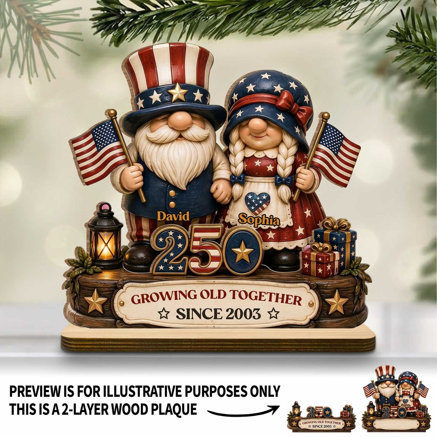 Custom Patriotic Gnomes Wood Plaque for Wife with personalized design details for meaningful gifting image 7