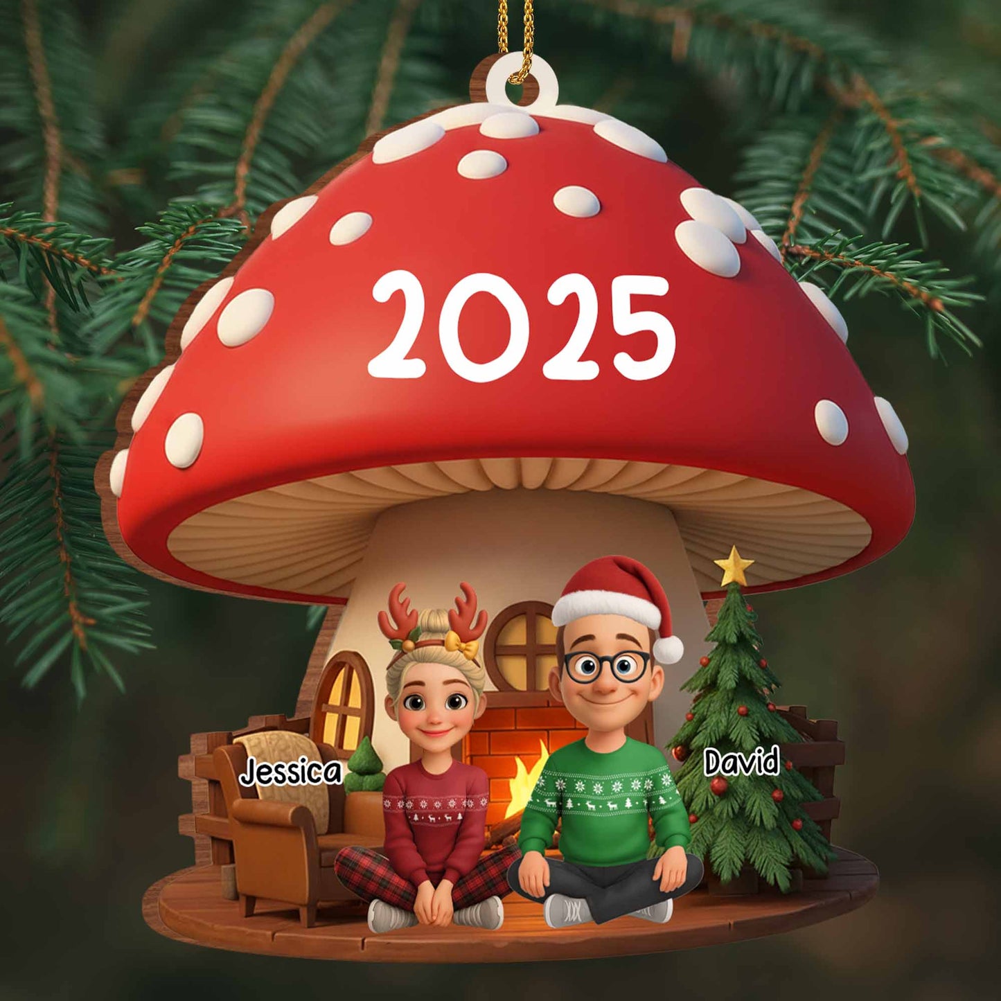 Customizable Christmas Mushroom Ornament With Tree And Presents