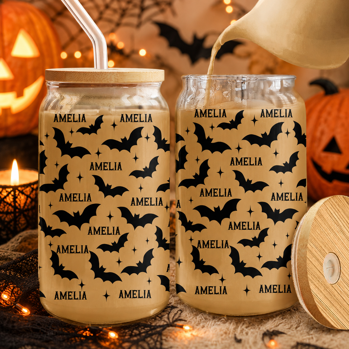 Spooky Season Bats Personalized Halloween Glass Can Cup - Cute Custom Fall Gift For Her