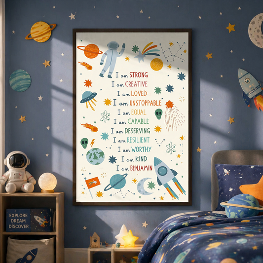 Custom Kids Space Affirmations Poster for Kids/Babies with personalized design details for meaningful gifting