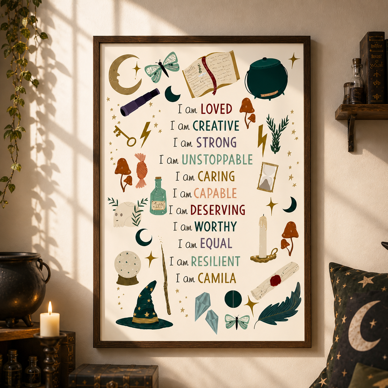 Custom kids affirmation poster featuring a magical witch hat, wand, and stars personalized for a child