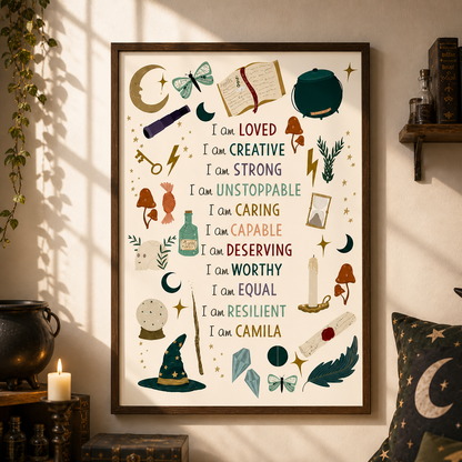 Custom kids affirmation poster featuring a magical witch hat, wand, and stars personalized for a child