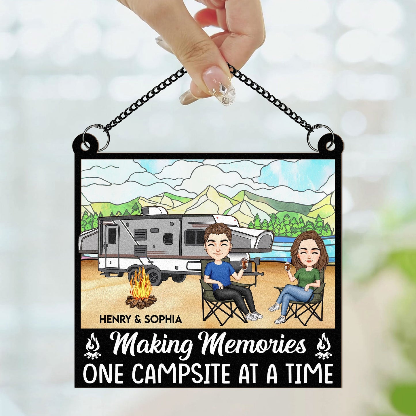 Couple Camping Together - Personalized Window Hanging Suncatcher Ornament